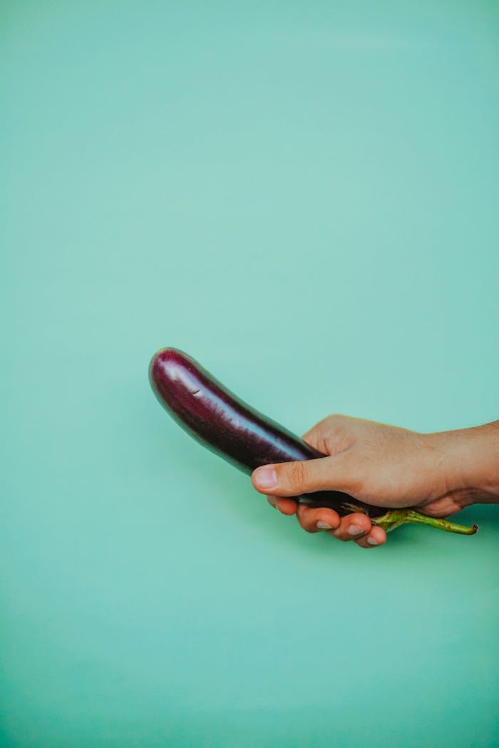 services-03 Close-up of a hand holding an eggplant against a solid green background.